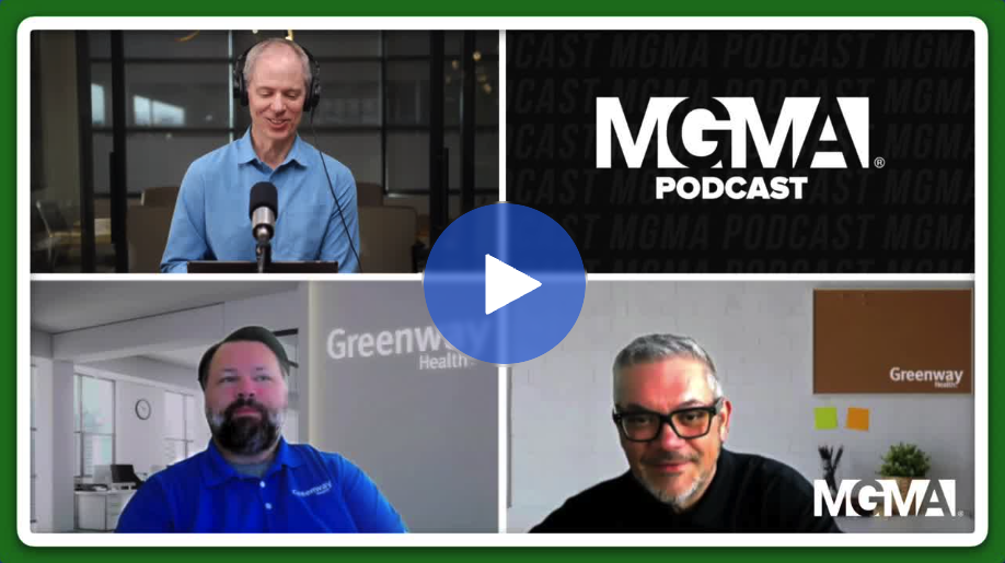 screenshot of a podcast with a grid of 3 people and the MGMA logo