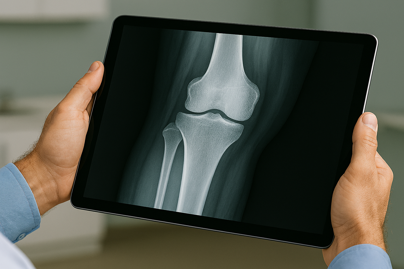 hands holding a tablet with an x-ray of a knee