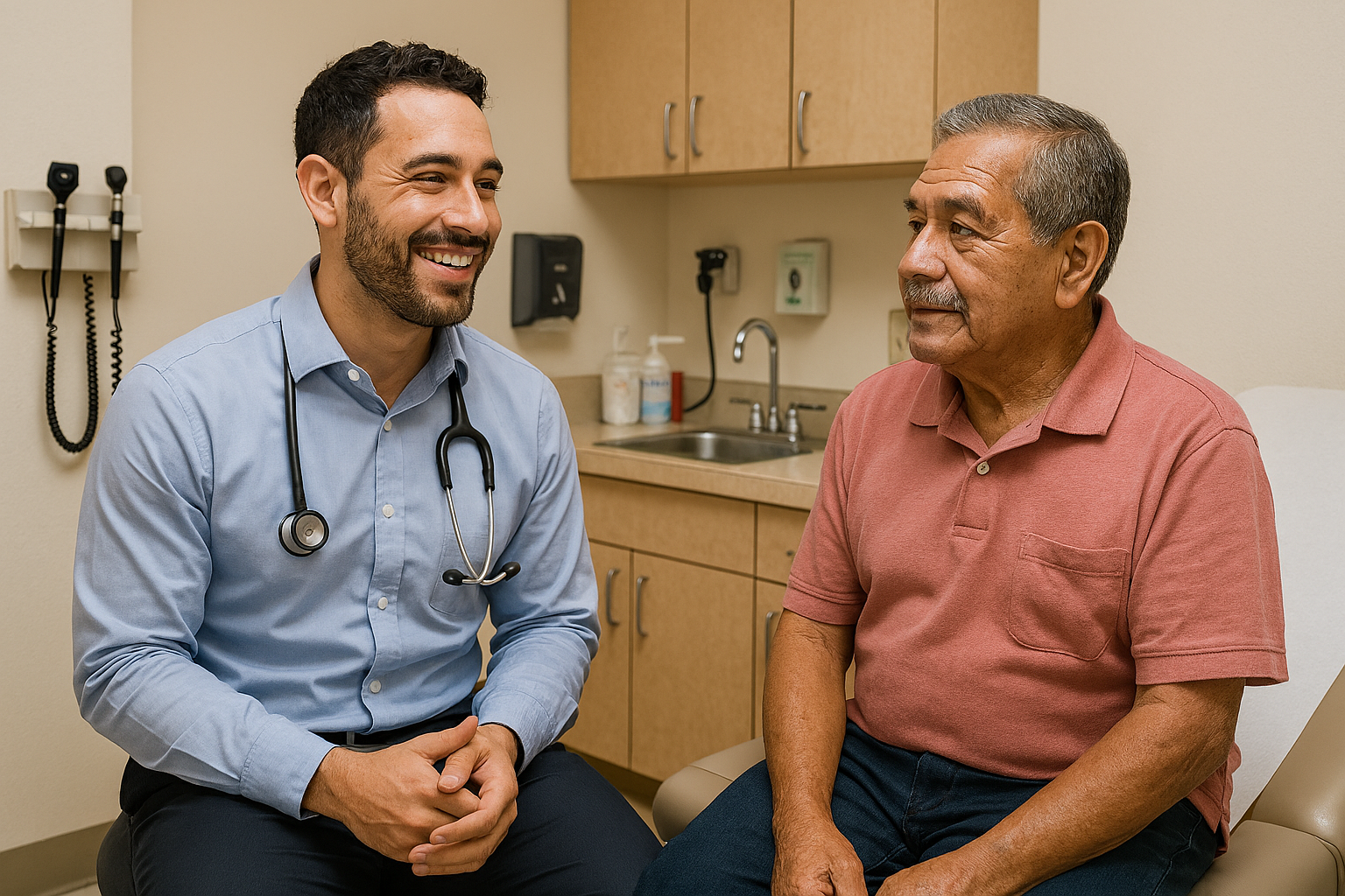 Young Male Doctor with older male patient in exam room