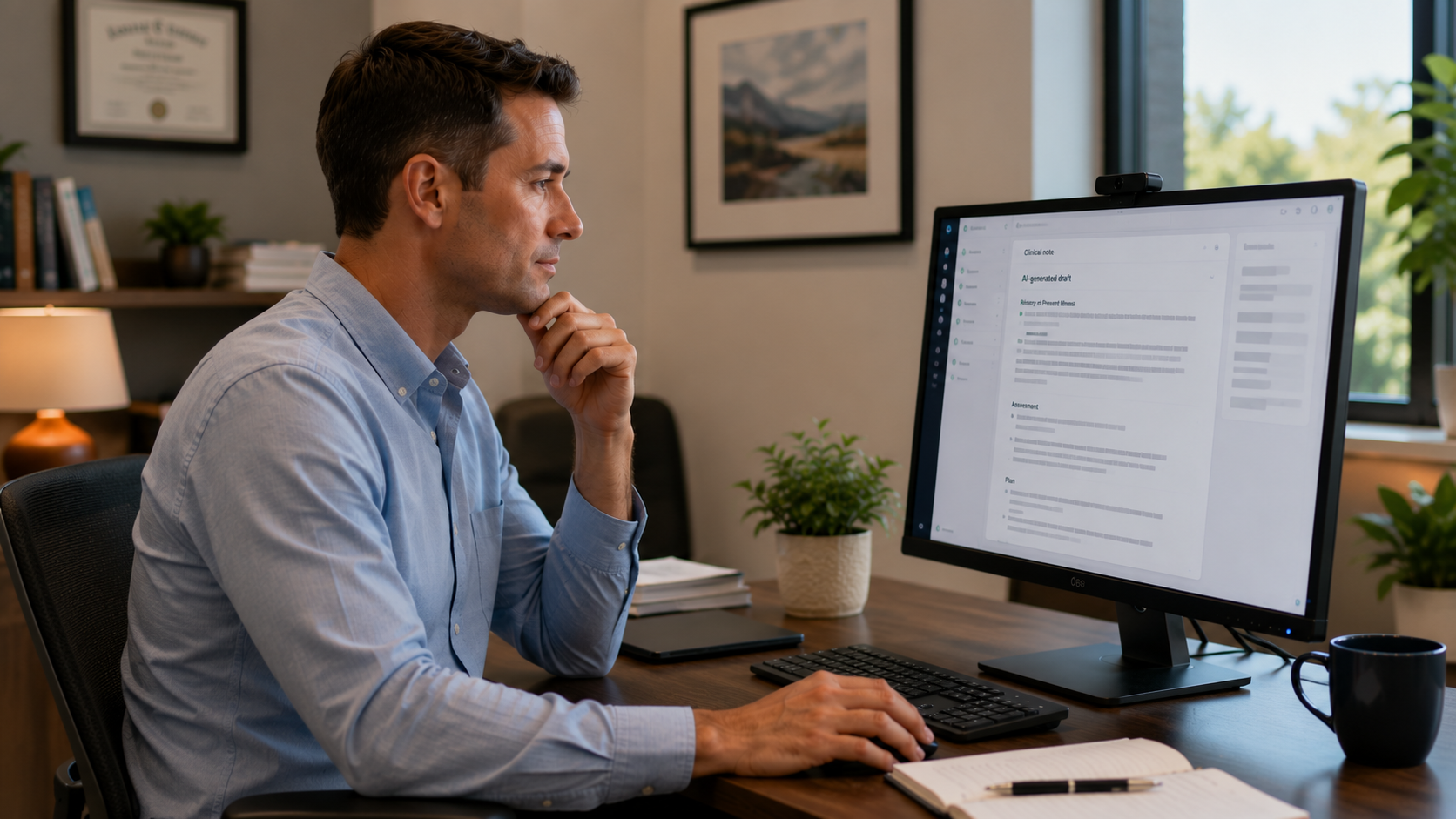 White male doctor in a blue shirt reviewing AI-generated clinical notes from a patient visit on a computer screen in an office