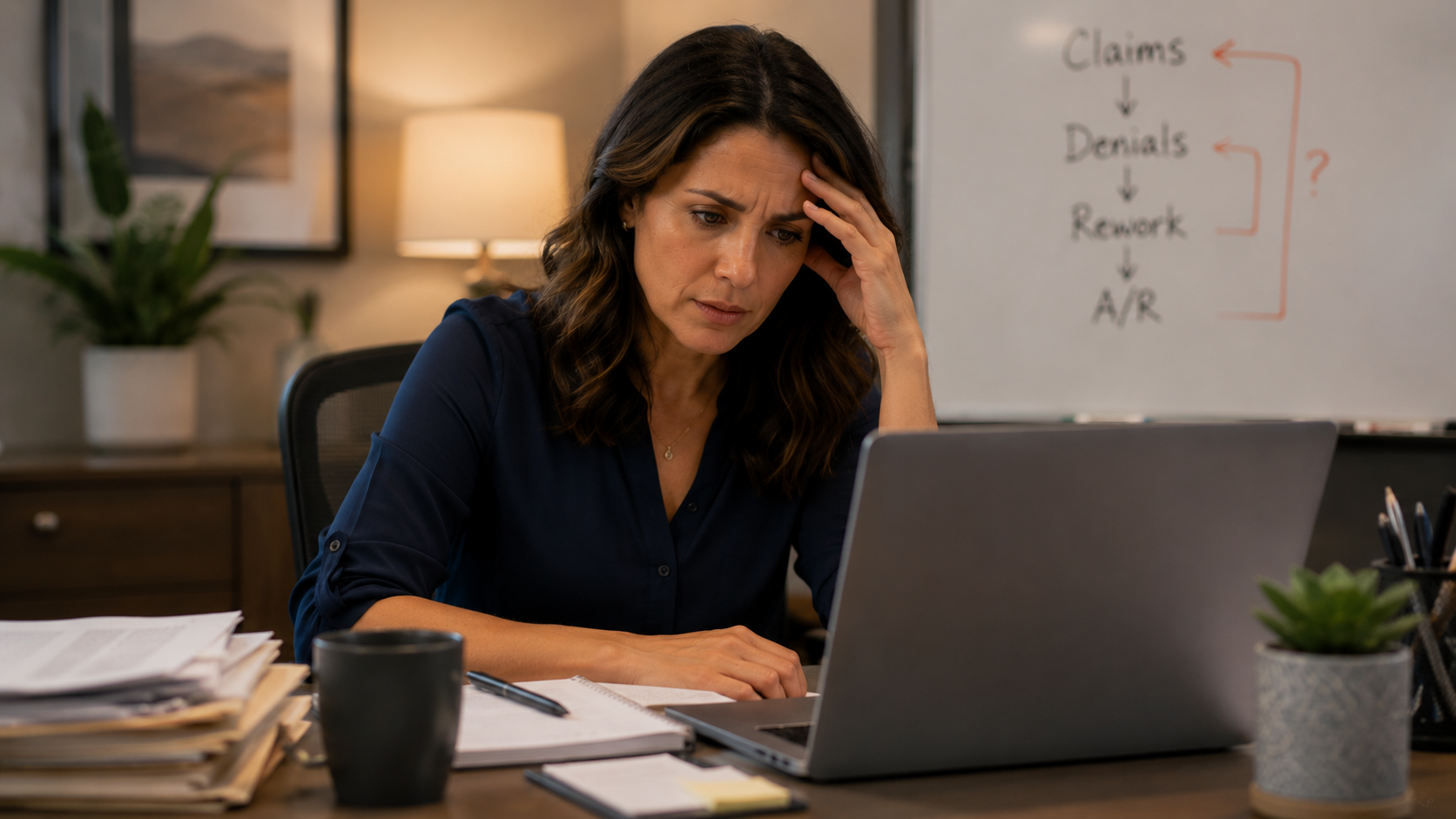 female in front of computer looking frustrated with stacks of paper
